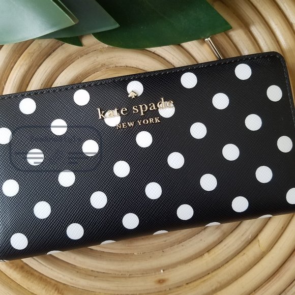 Kate Spade NWT Staci Large Wallet Polka Black Polka Dot Saffiano Leather - Picture 2 of 10